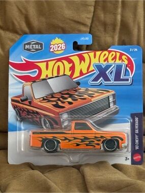 Hot Wheels XL Orange '83 Chevy Silverado Toy Truck with Black Flame Decals